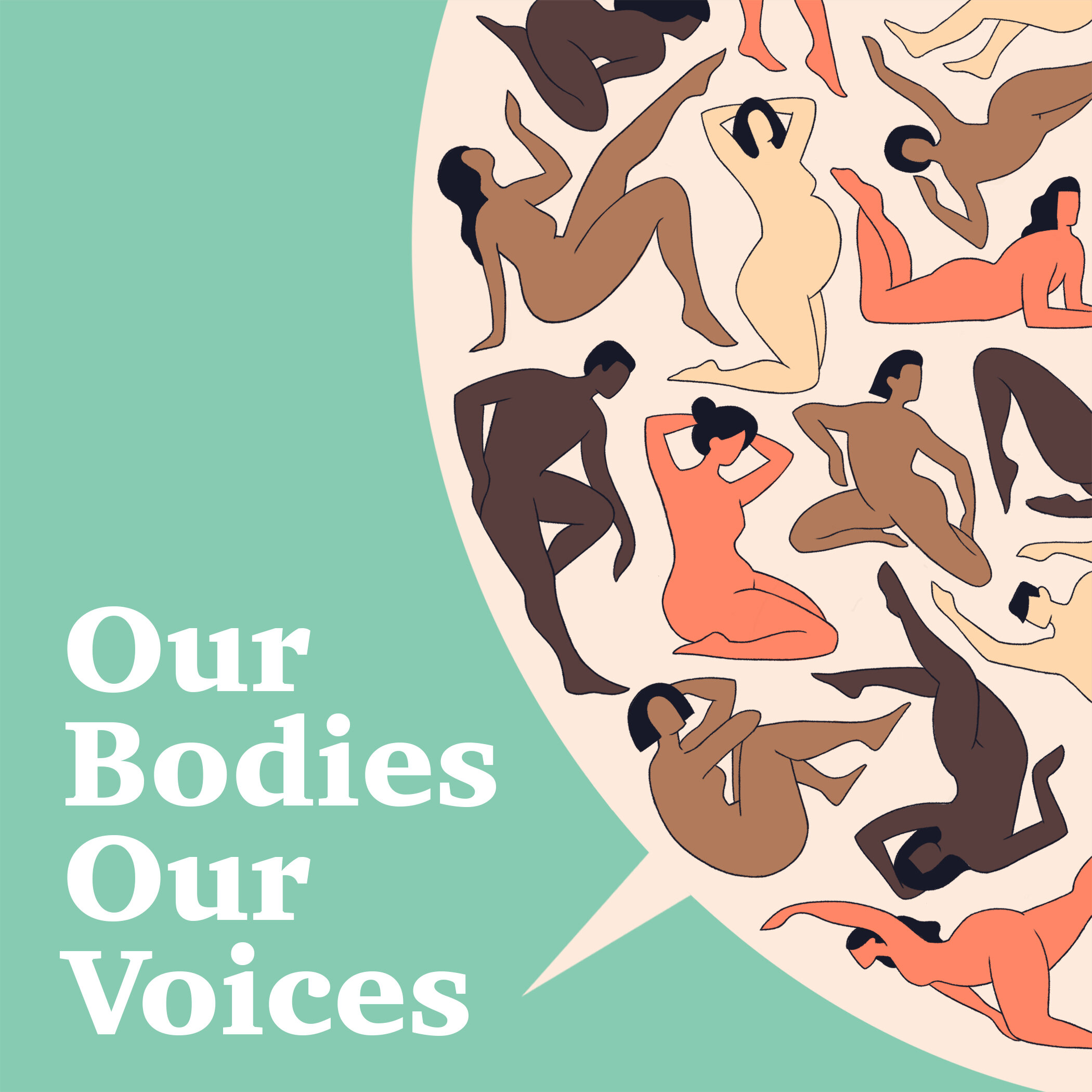  Podcast artwork and logo for Our Bodies Our Voices, a new podcast series from Rebecca Grubman and Joanna Miller 