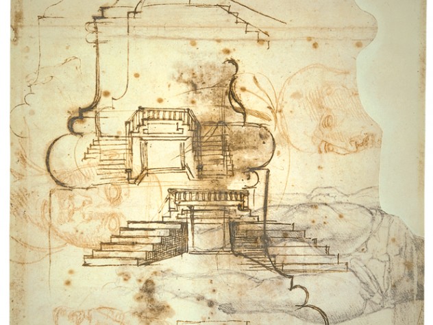 Michelangelo draws over sketches for a painting he’s thinking about as he tries to figure out what the stairs in the Laurentian library should look like and how they should work.