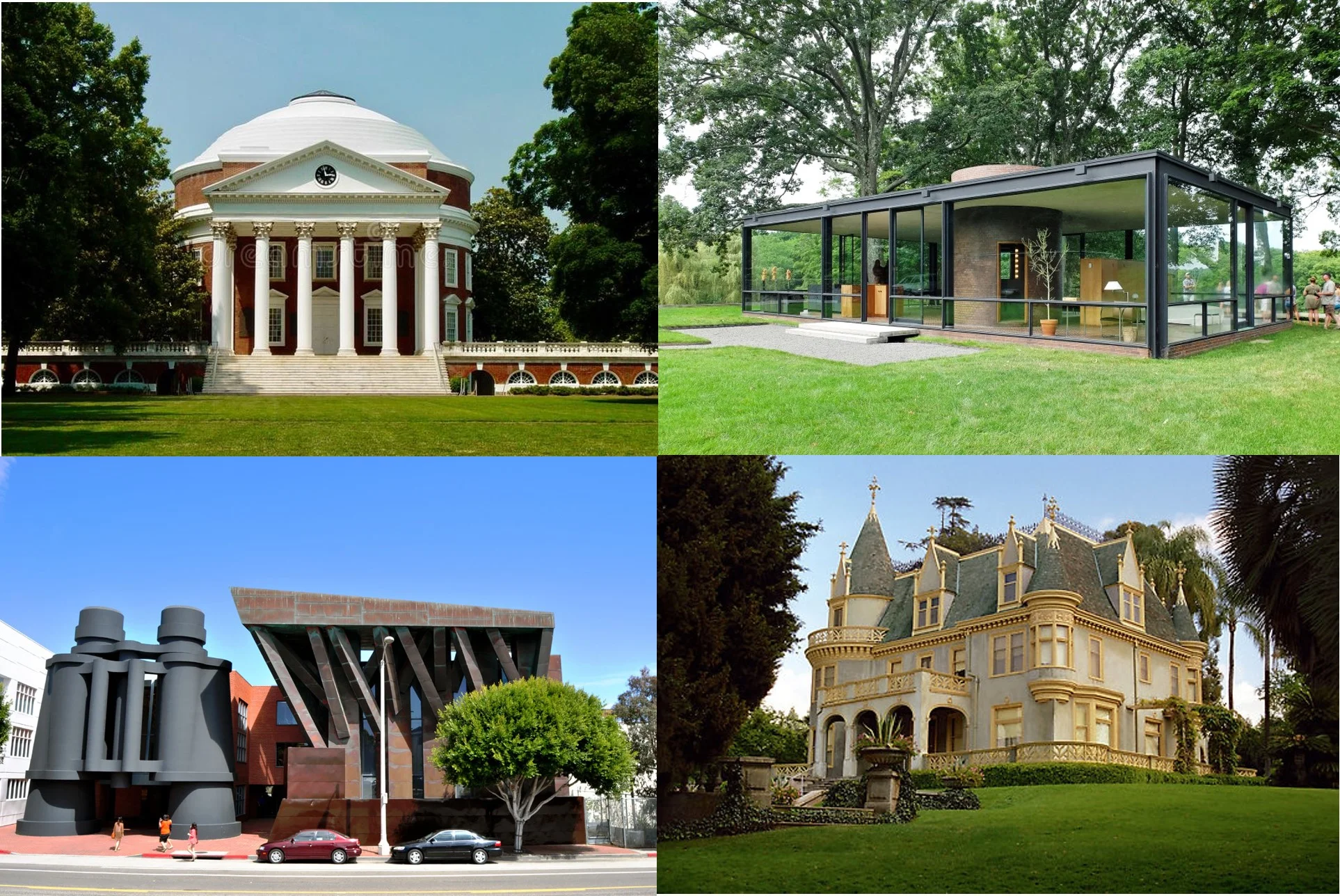 American architecture is alone a world of possibility (Jefferson's UVA library, Johnson's Glass House, Gehry's "Binocular Building," and a Victorian house in southern California). As different as they are, you could put these four buildings in a category called: " buildings partly composed of cylinders."