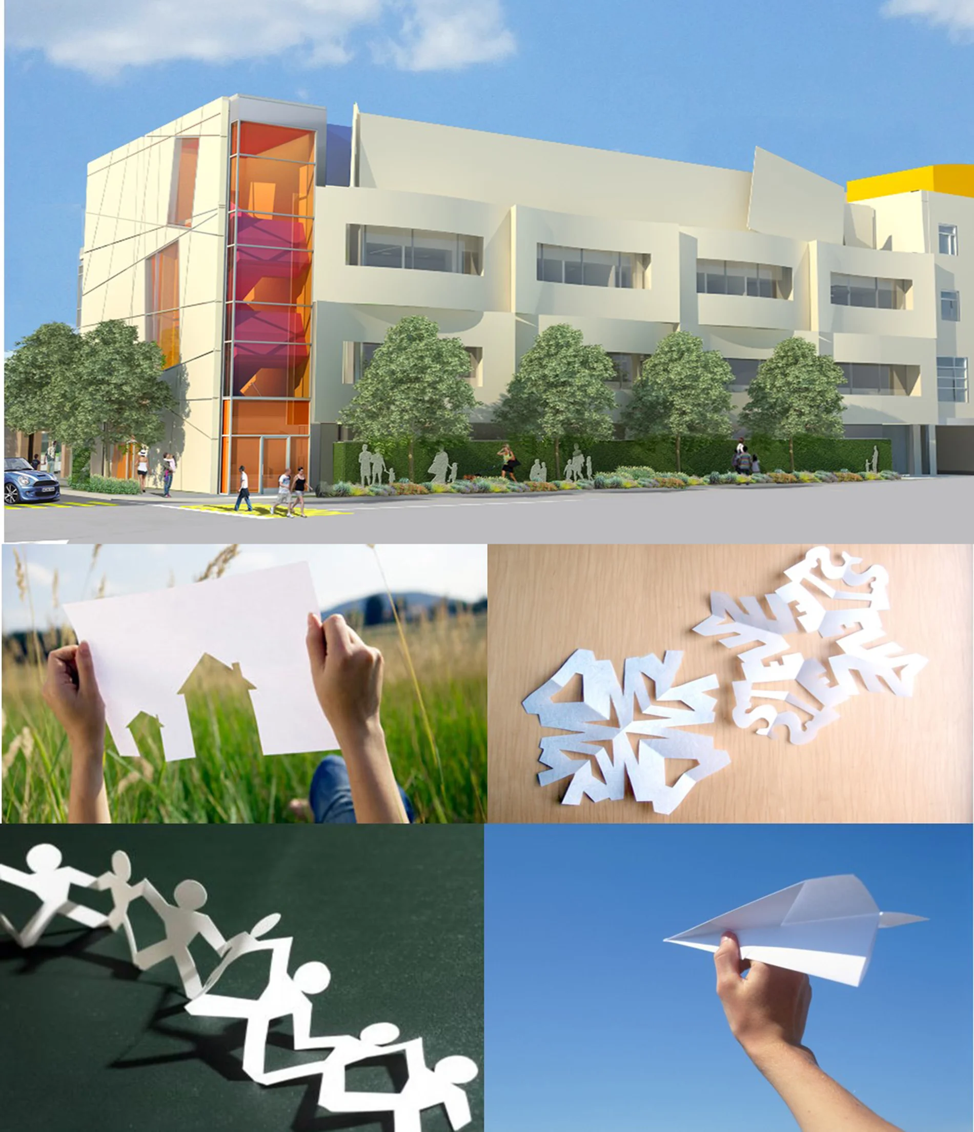 The north elevation of phase II of the CEE redevelopment project, the Clinton wing, is inspired by the cutting, bending, and folding of paper that are characteristic of children's arts and crafts projects.