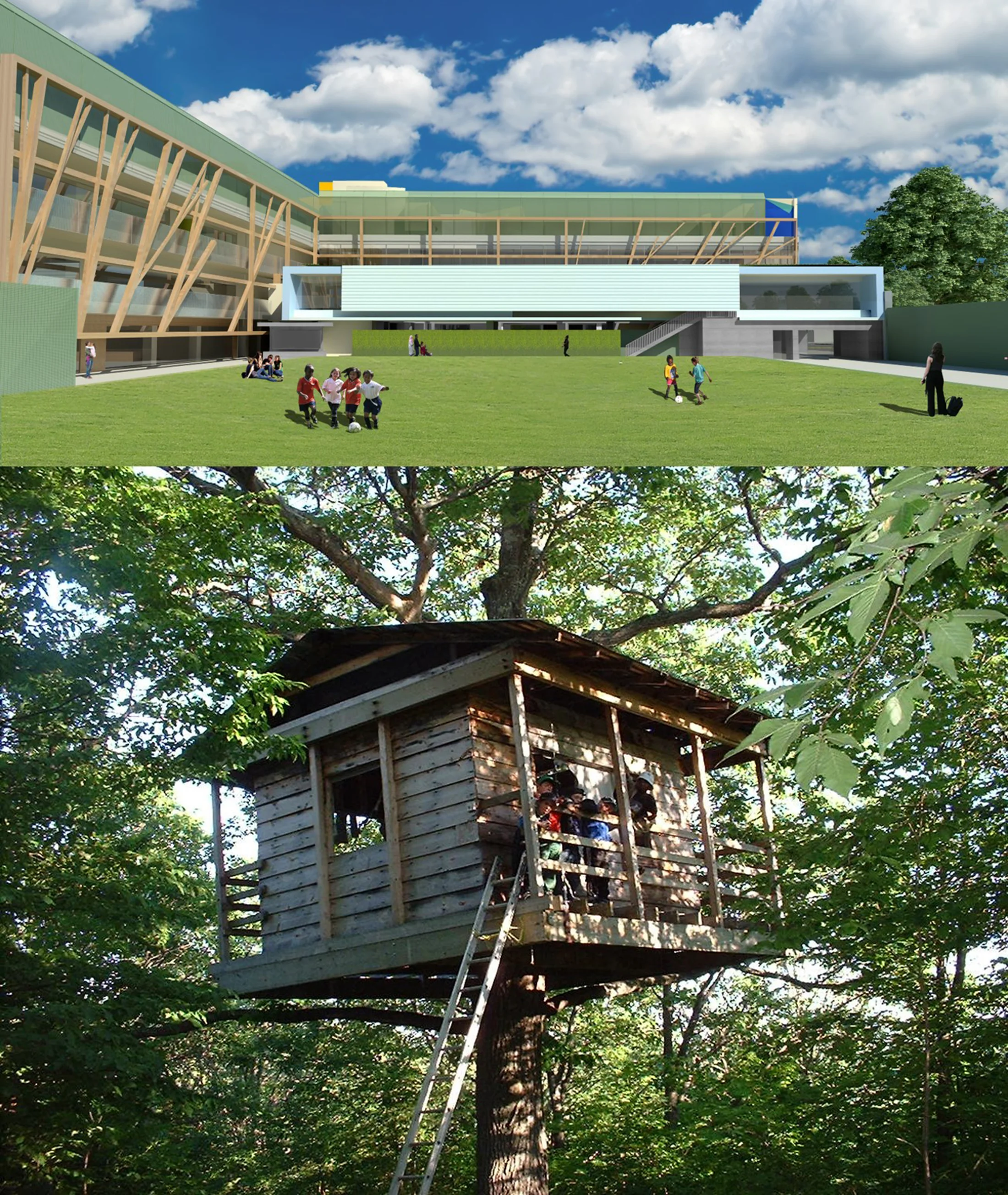 The play field and facing elevations of the new CEE campus buildings evoke in part the look and feel of a tree house.