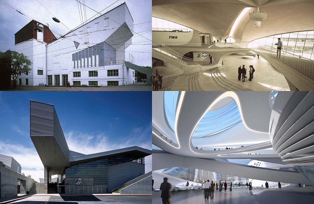 DEAD TECH OLD HAT Above left Melkinov in Moscow in 1927; below left Morphosis in southern California in 2000; above right, Saarinen in New York circa 1962; below right, Zaha Hadid in in China circa 2015.