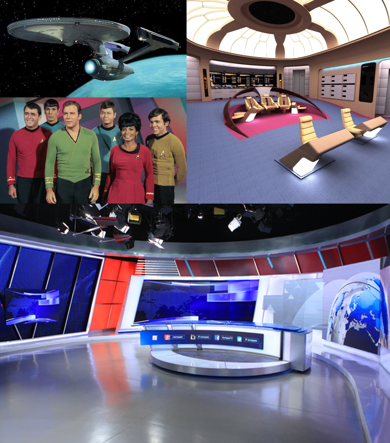 STAR TREK AND THE BBC WORLD NEWS Above, the starship Enterprise, the captain’s deck and the cast circa 1966; below, the set of the BBC World News now. The future always seems clean, without vegetation any visible source of light or a horizon.