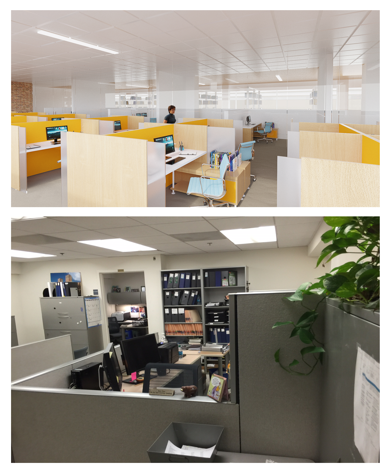 UCLA FIELDING SCHOOL OF PUBLIC HEALTH Large offices, offices, half offices and workstations are assigned to faculty and staff based less on seniority or age and more on what each person does during the work day (A senior faculty member may be meeting with faculty, staff and students all day and therefore require a private office with a conference table). New school above, old school below.
