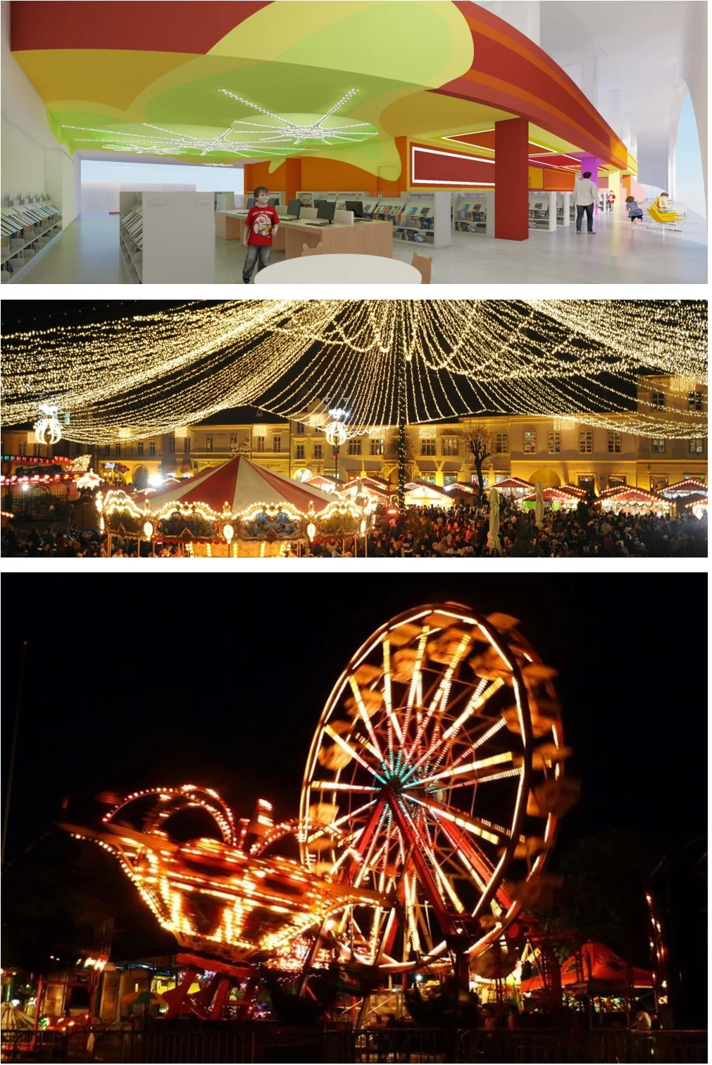 LIT Street fairs, festivals and carnivals worldwide for as long as Riverside has been a city have indulged in night- time displays of colorful electric lights in whimsical configurations. (Above, the Riverside Main Library children’s library with lighting inspired by the city’s Festival of Lights).
