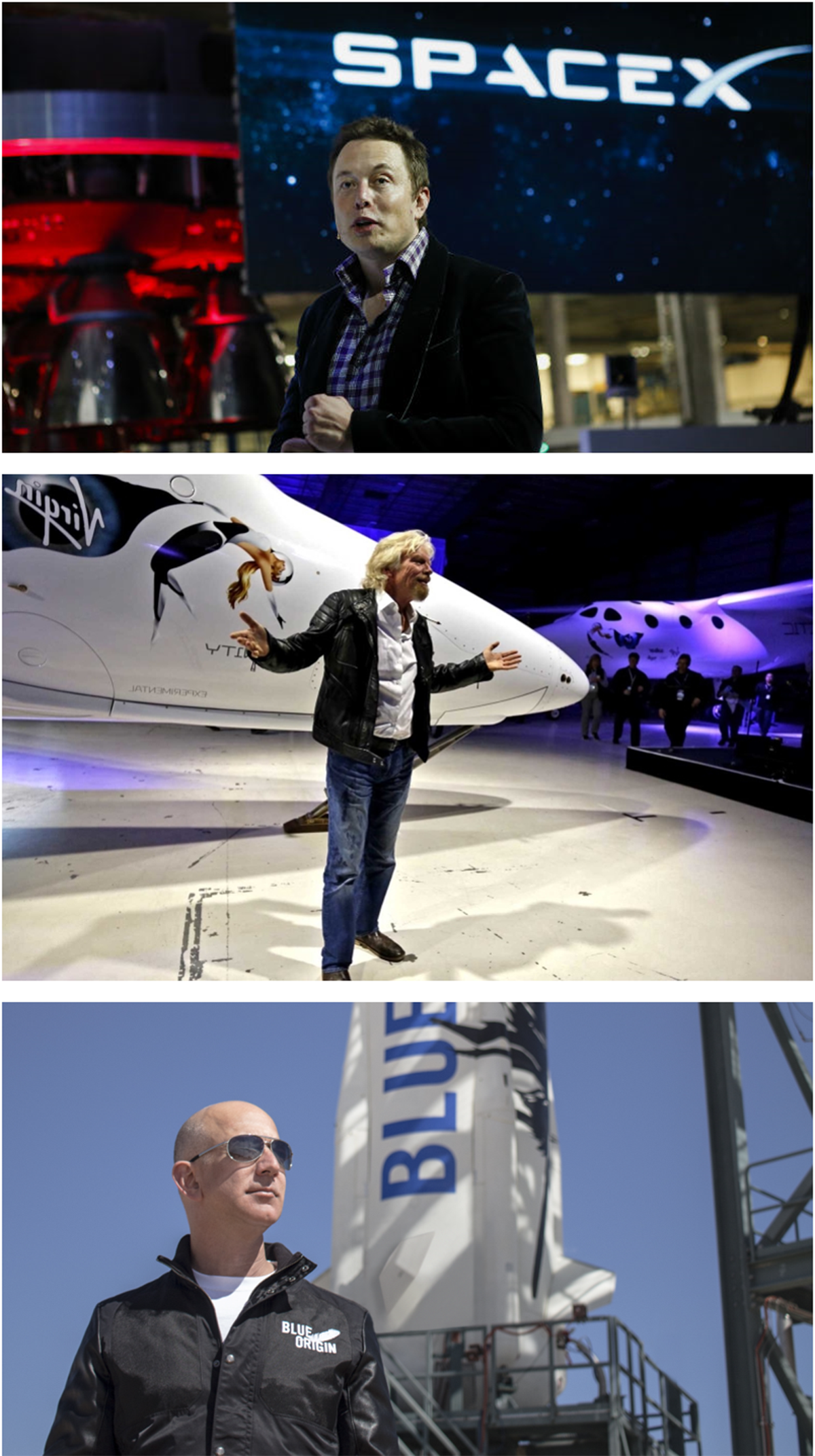 ENTREPRENEURS TAKE ON SPACE TRAVEL Neither Musk, Branson nor Bezos (top to bottom) invented space travel, nor its associated technologies nor anything close to it. They are personalities, figureheads, building businesses that rely on the experience of scientists and engineers whose knowledge was built on the foundation of years of public investment that preceded them.