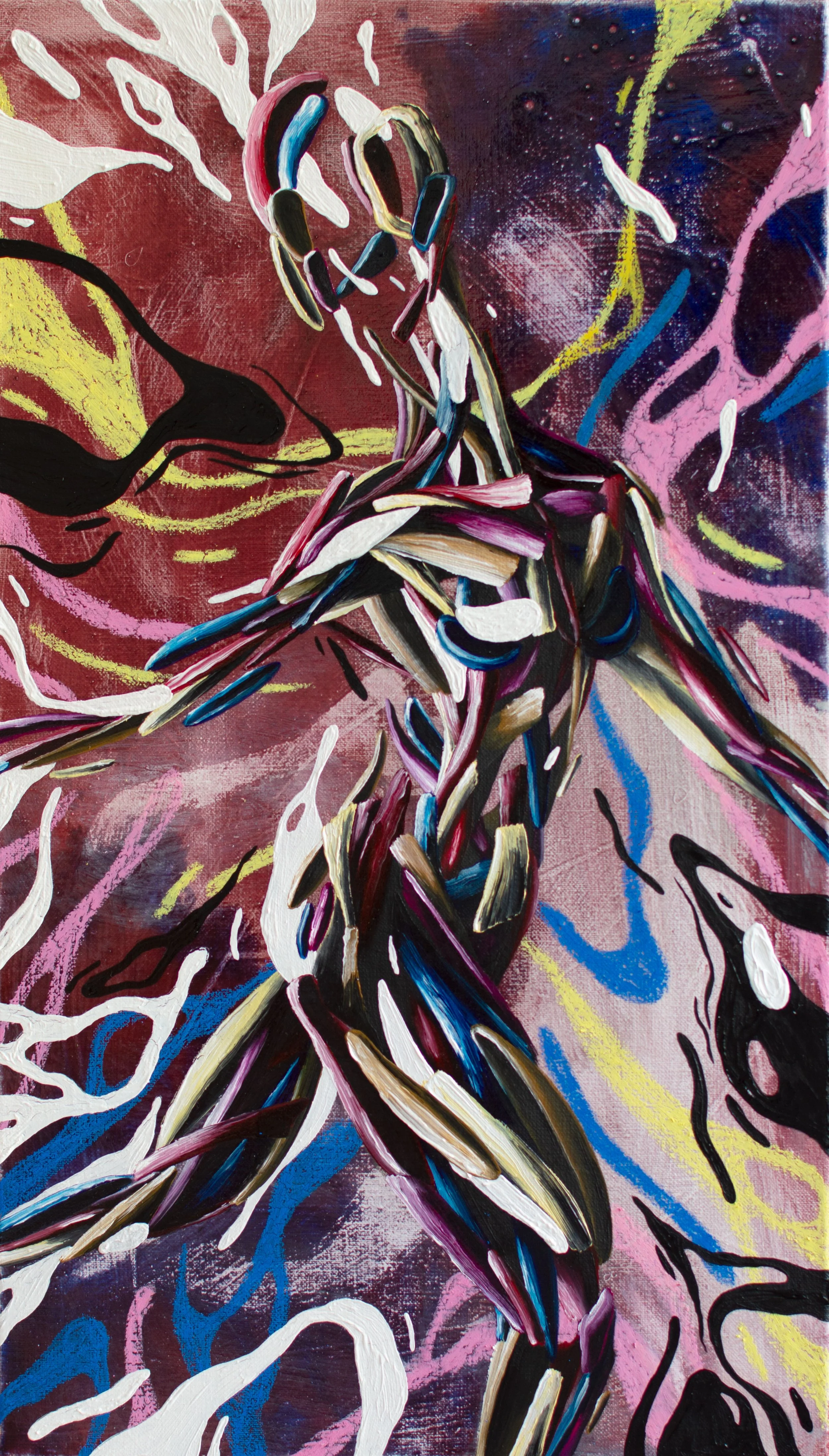 Levitation 2025 oil, oil pastel and pigmented resin on canvas 40 × 70 cm