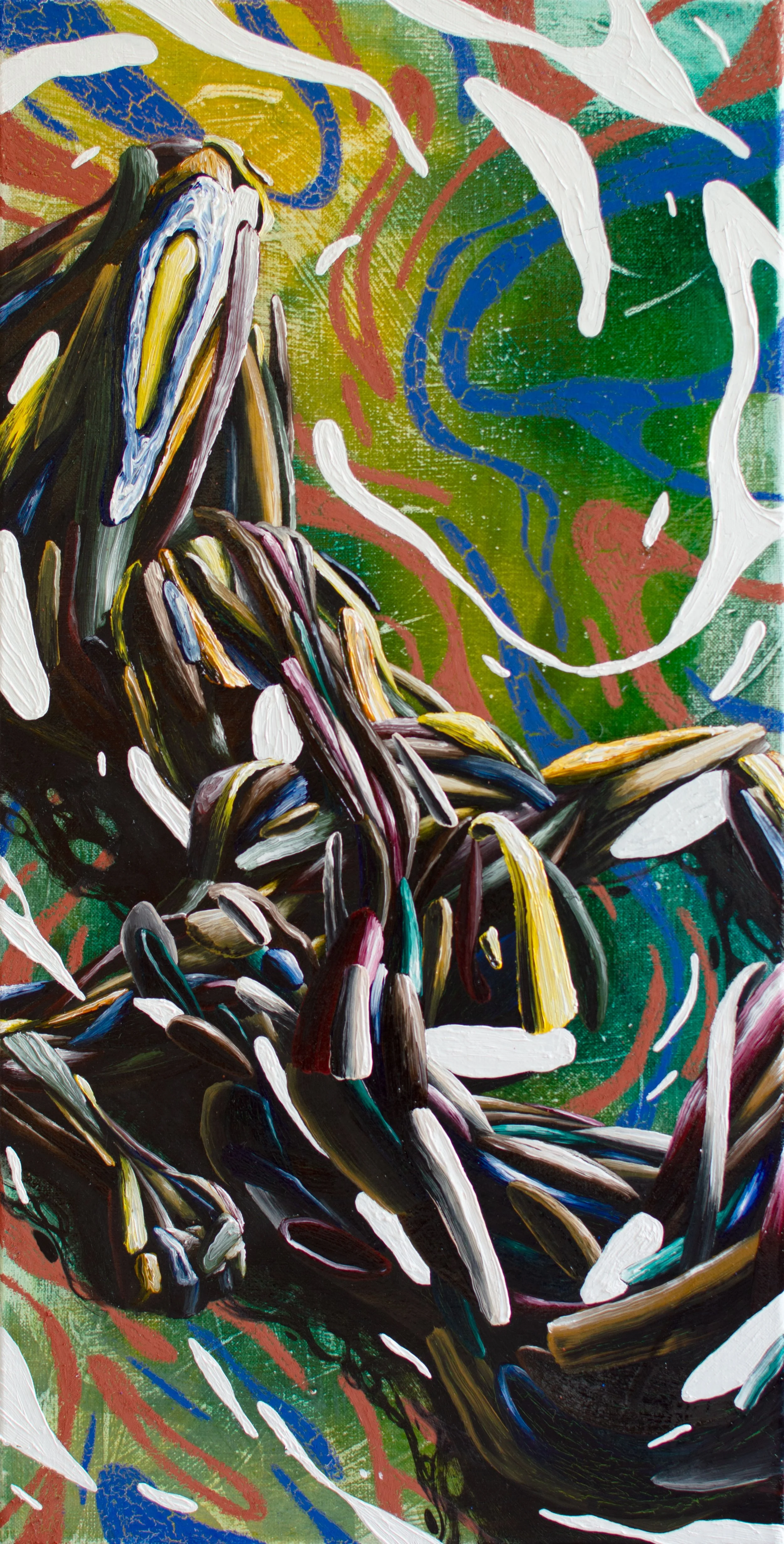 Geben und Nehmen 2025 oil, oil pastel and pigmented resin on canvas 40 × 80 cm