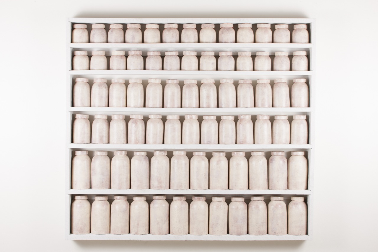 AMoCA Collection | mason jars , earthenware and wood, 55.5 x 62 x 6", 2014