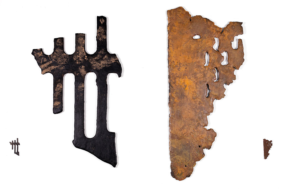 AMoCA Collection True or False (diptych), foam core, fiberglass veil, fiberglass-reinforced gypsum, black metal primer, jade glue, holy dirt from Chimayo, iron B metal coating, patina, 2017