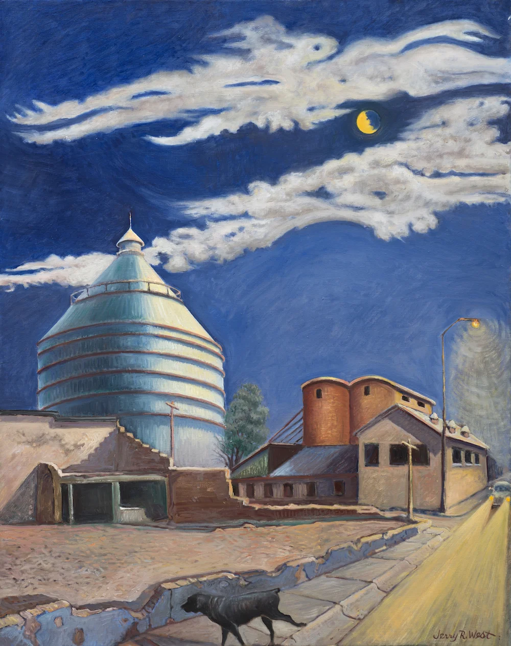 AMoCA Collection Roswell Cotton Warehouse with Black Dog and Broken Moon , oil on linen, 48”x38”, 2013
