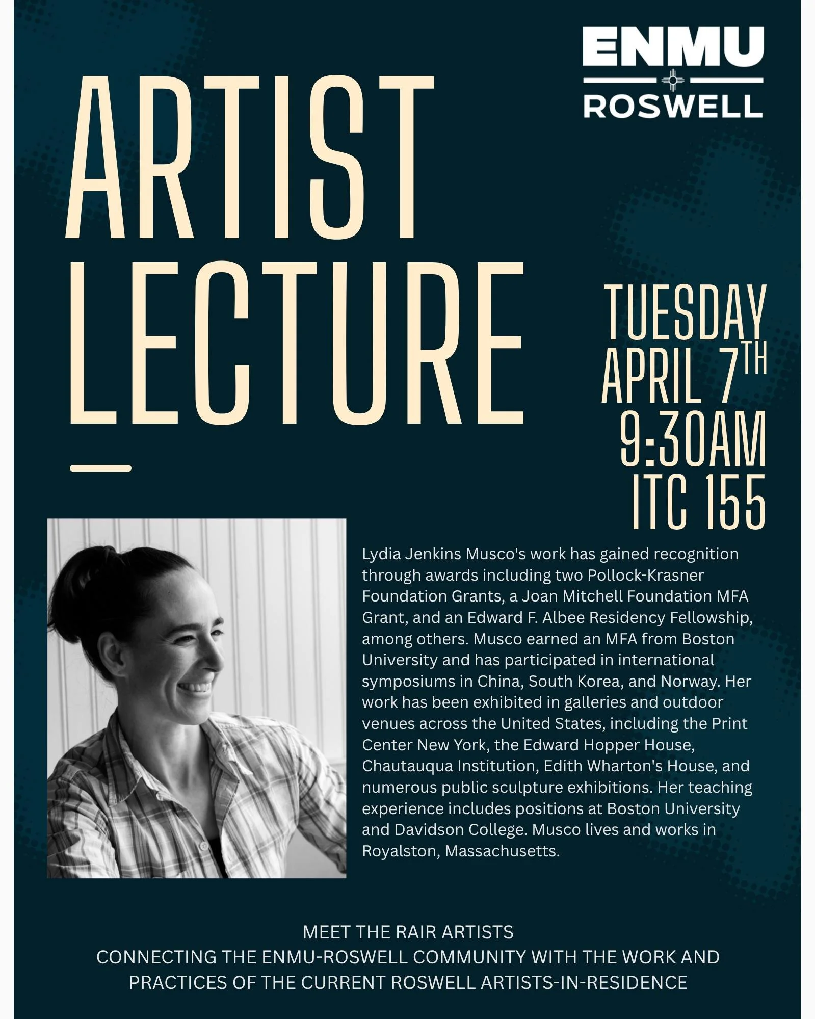 Please join the RAiR and ENMU Roswell communities for the 3rd installment of the, &ldquo;Meet the RAiR Artists&rdquo; artist lecture series.  This talk will be presented by current RAiR artist in residence, Lydia Musco.

The talk will take place in R
