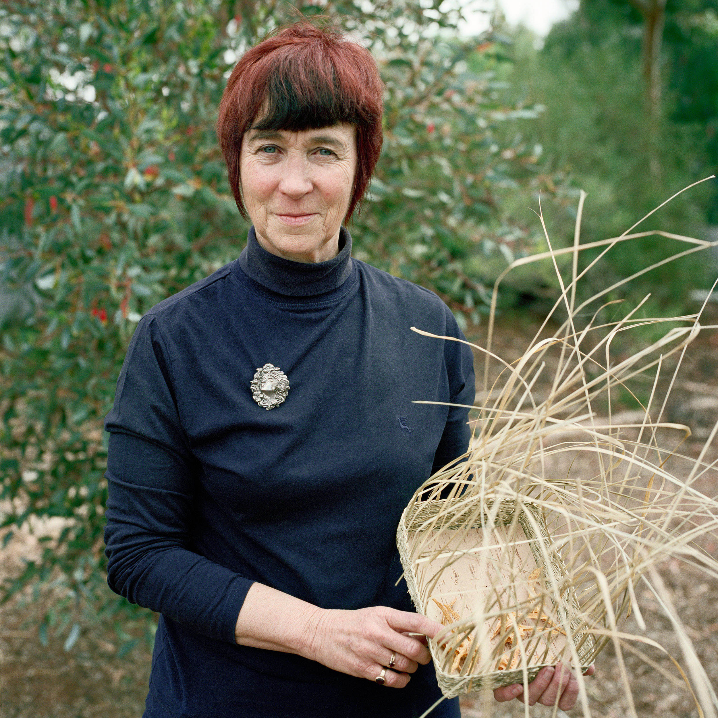 Basket-maker Virginia Kaiser, Broken Hill, NSW, 2008. Virginia’s continuing series ‘River Stories’ explores the Darling River’s tenuous state due to drought and misuse. Acknowledging local Aboriginal tradition, the vessels or ‘boxes’ are made from natural materials, and contain items relating to the river’s destruction such as carp bones or cotton.