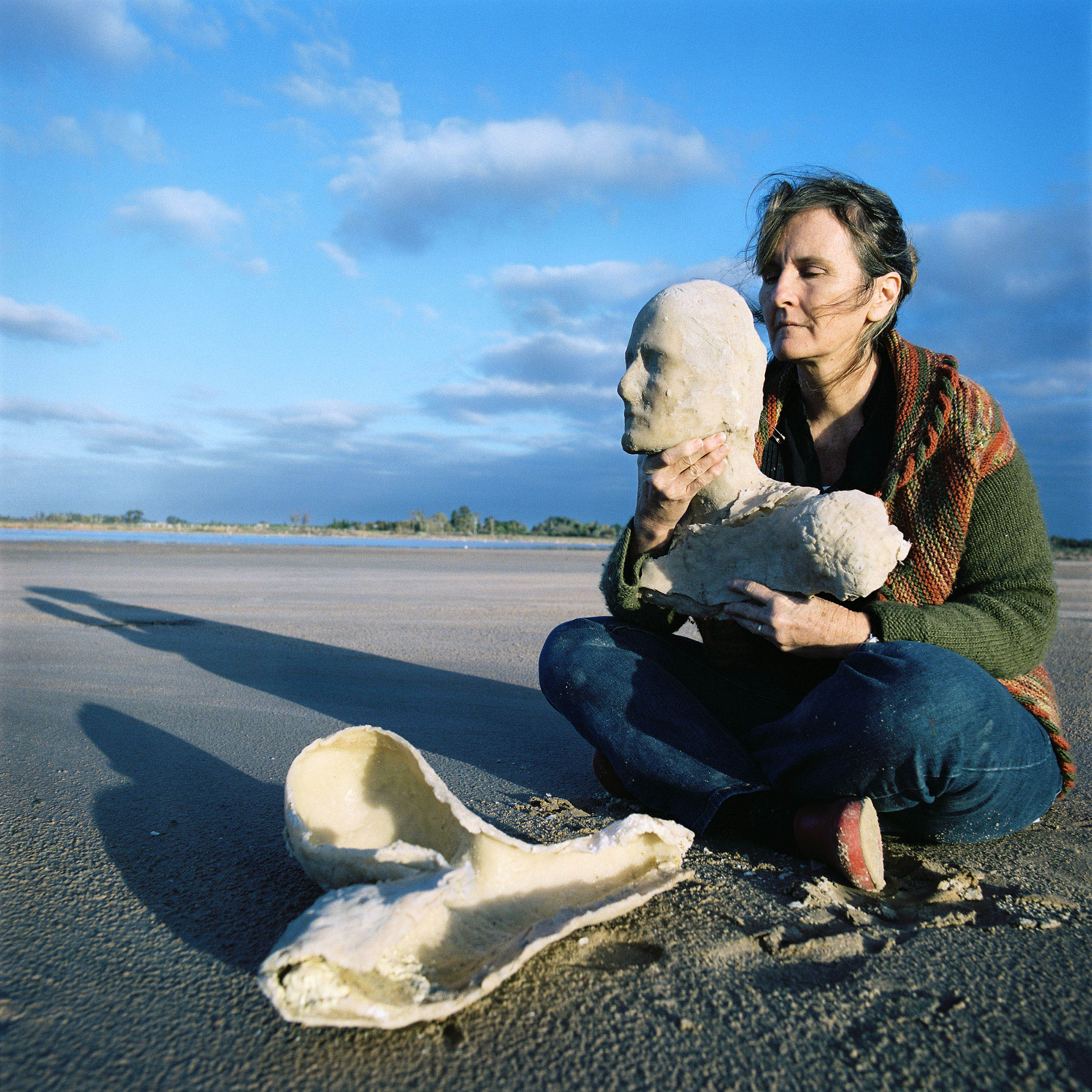 Artist Denise James at Lambert's Swamp, Merbein, VIC, 2010 with her artwork entitled 'The Dance,' a beeswax sculpture inspired by the dryness of the swamp and her experience of Parkinsons.