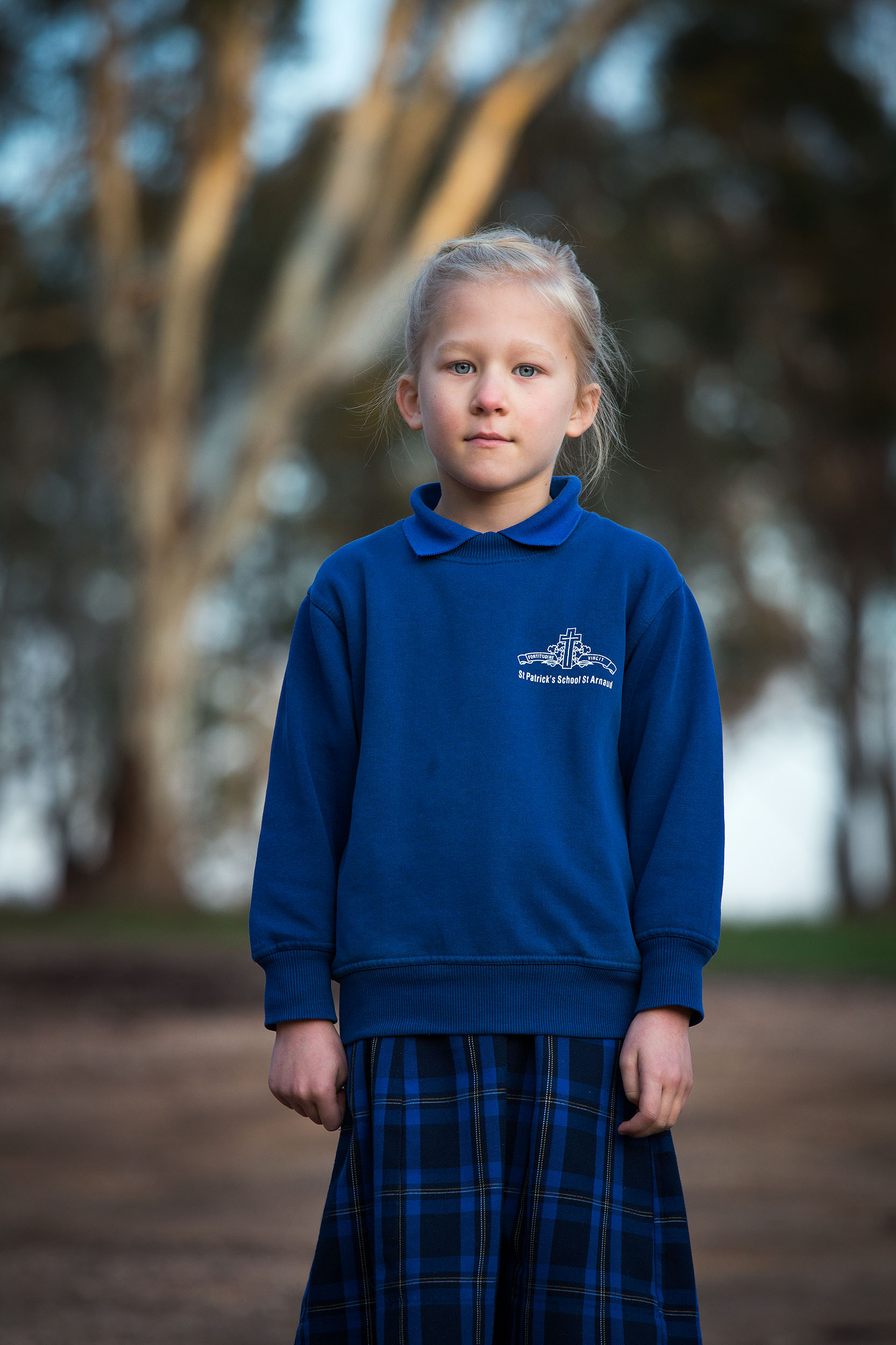 Seven year old Lara, ready to leave for school, St Arnaud, VIC.