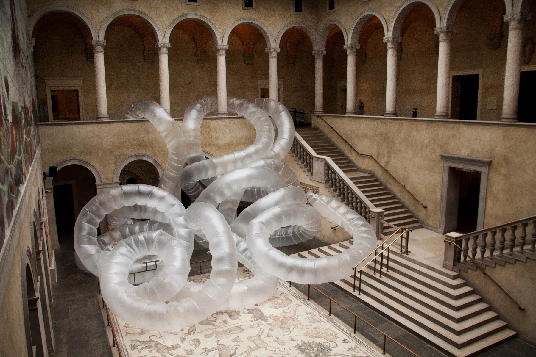 Organic Concept, made from painter’s plastic and “breathing” with the help of box fans, winds its way through the Renaissance Court of Worcester Art Museum in Massachusetts.