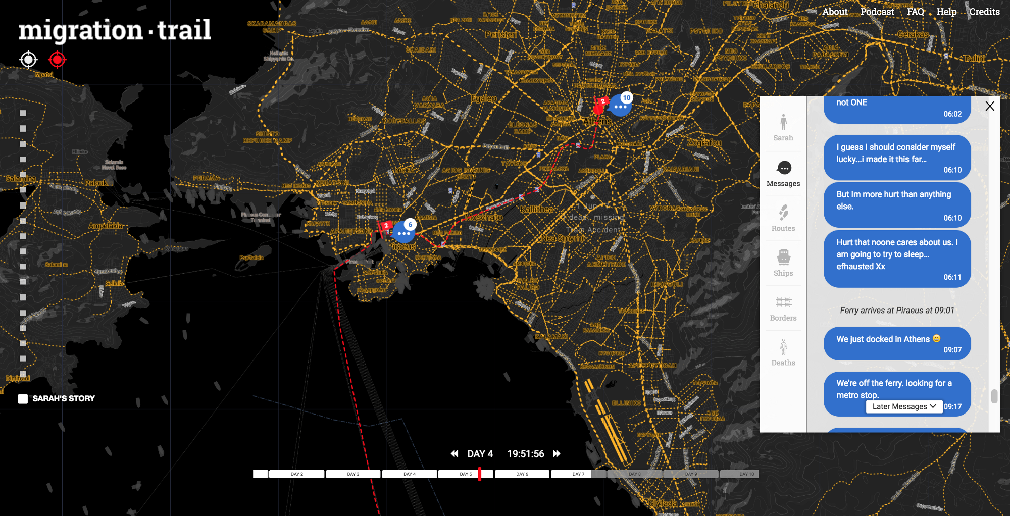 Alison Killing’s interactive documentary project migration trail allows people to follow fictional migrants making their way to Europe via irregular routes, in real time, from a personal perspective—and accompanied by deeper context. Image: migration trail