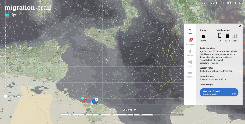 migration trail follows the journeys of two fictional characters—composites based on two and a half years of research and interviews on the migrant trail. Clicking and zooming on the interactive map offers information on each character. Image: migration trail