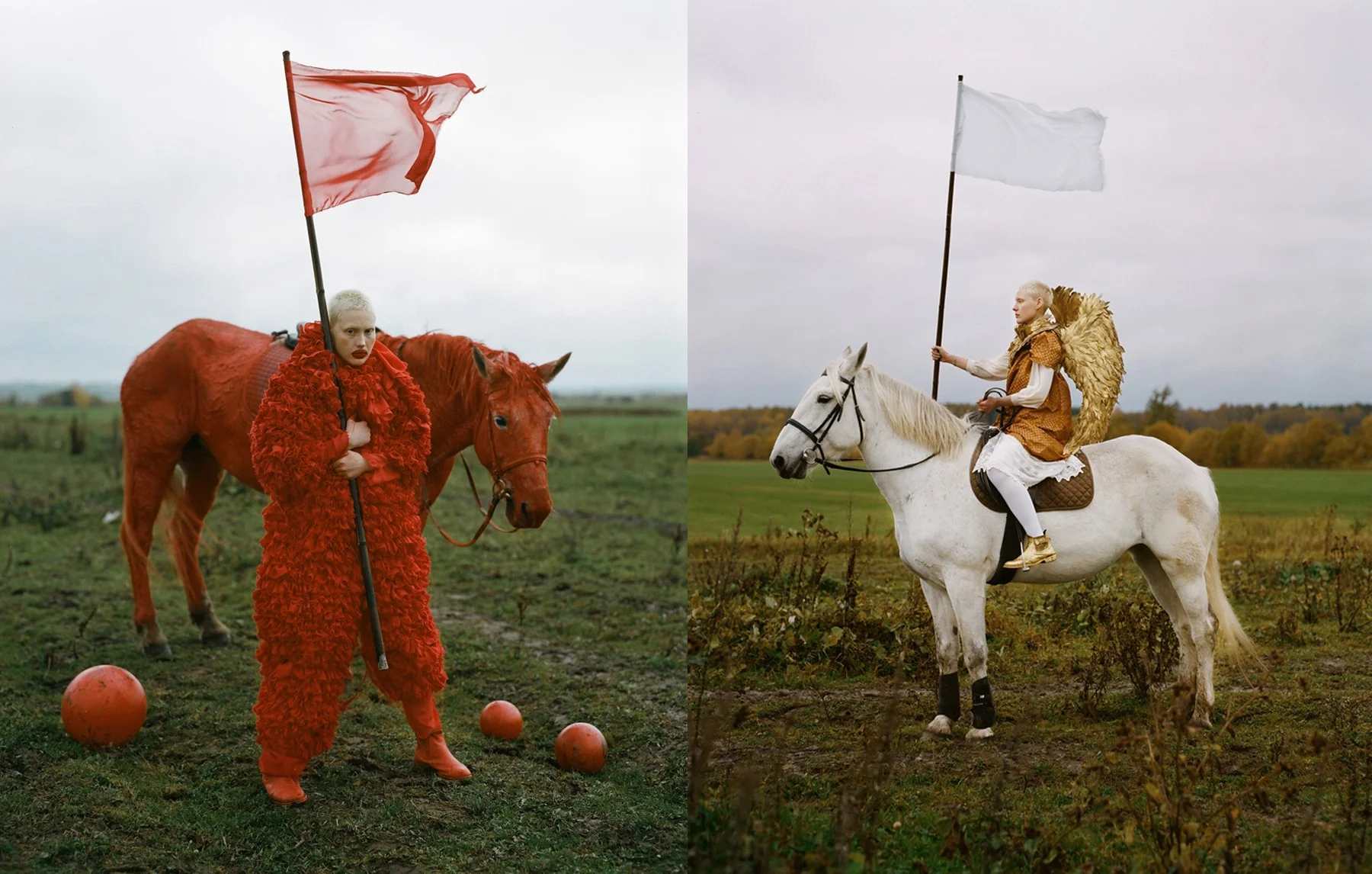 Clowns vs. archangels. “The red horseman/clown represents all revolutionists and politicians at the time of the Bolshevik Revolution, the Red Guard, and its absurdity. The white horseman or archangel represents the White opposition and faith, hope and purity.” All images and words: Uldus Bakhtiozina