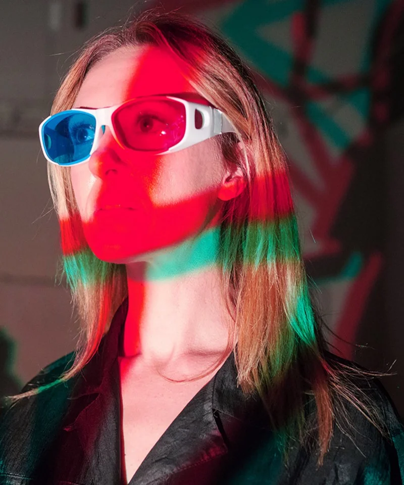 Christine Marie in red/cyan anaglyph glasses.