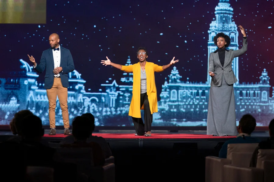 Amma Ghartey-Tagoe Kootin (center) with performers from her new musical, At Buffalo, a s the groundbreaking TED Fellows program celebrates its 10th anniversary. Fellows Session 1 at TED2019: Bigger Than Us, April 15, 2019, Vancouver, BC, Canada. (Photo: Ryan Lash / TED)