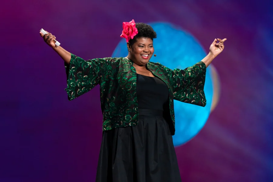 Biologist Danielle N. Lee teaches a memorable lesson on animal monogamy during TED Fellows Session 2 at TED2019: Bigger Than Us, on April 15, 2019 in Vancouver, BC, Canada. (Photo: Dian Lofton / TED)