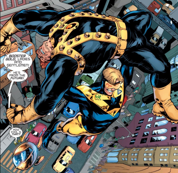 Booster Gold and his robotic hype man, Skeets.