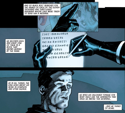 The poetic characterization of Black Bolt is one of this issue's major strengths.