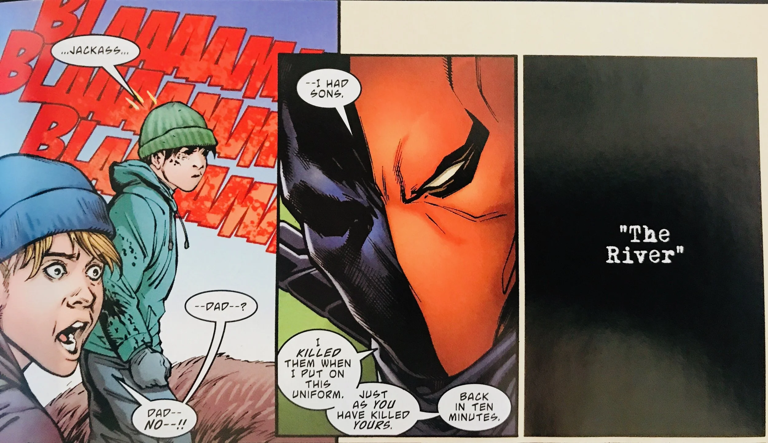 Time jumps are used to great effect throughout this Deathstroke run, using the past to convey Slade's interiority. 