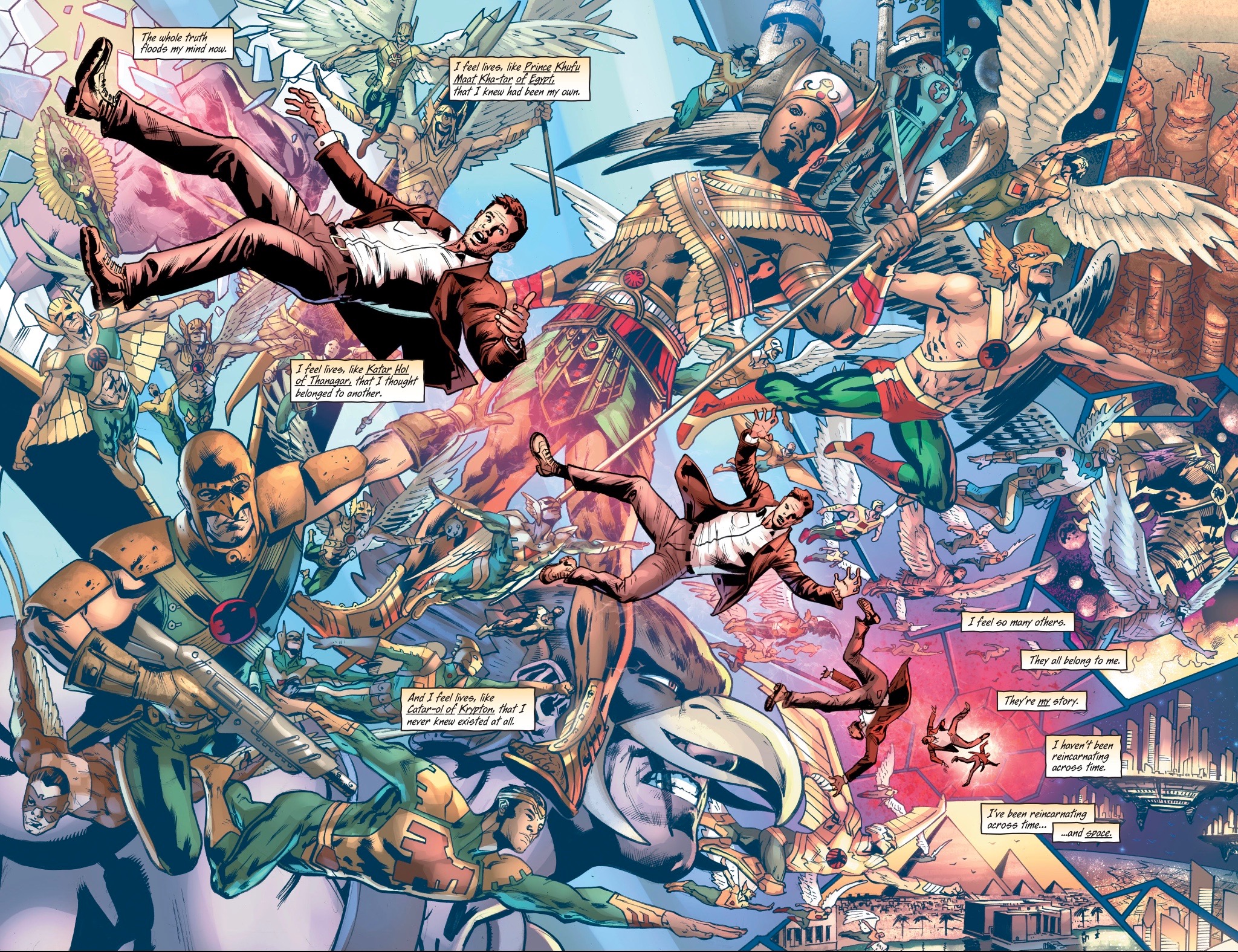 This killer spread from Hawkman #1 does a great job refreshing the current state of Hawkman's continuity. 