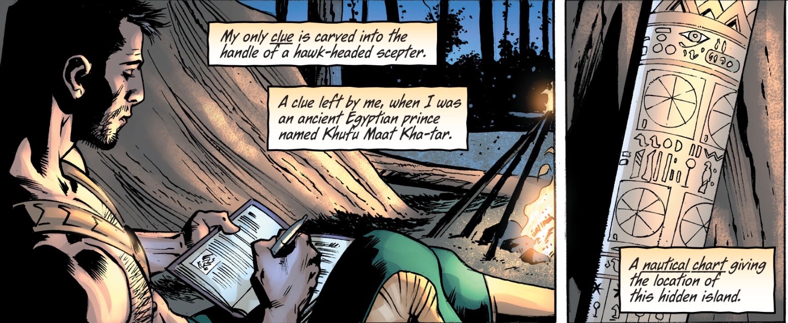 From Hawkman #3 , our hero pours through his journal, reminding us of the status of his quest.