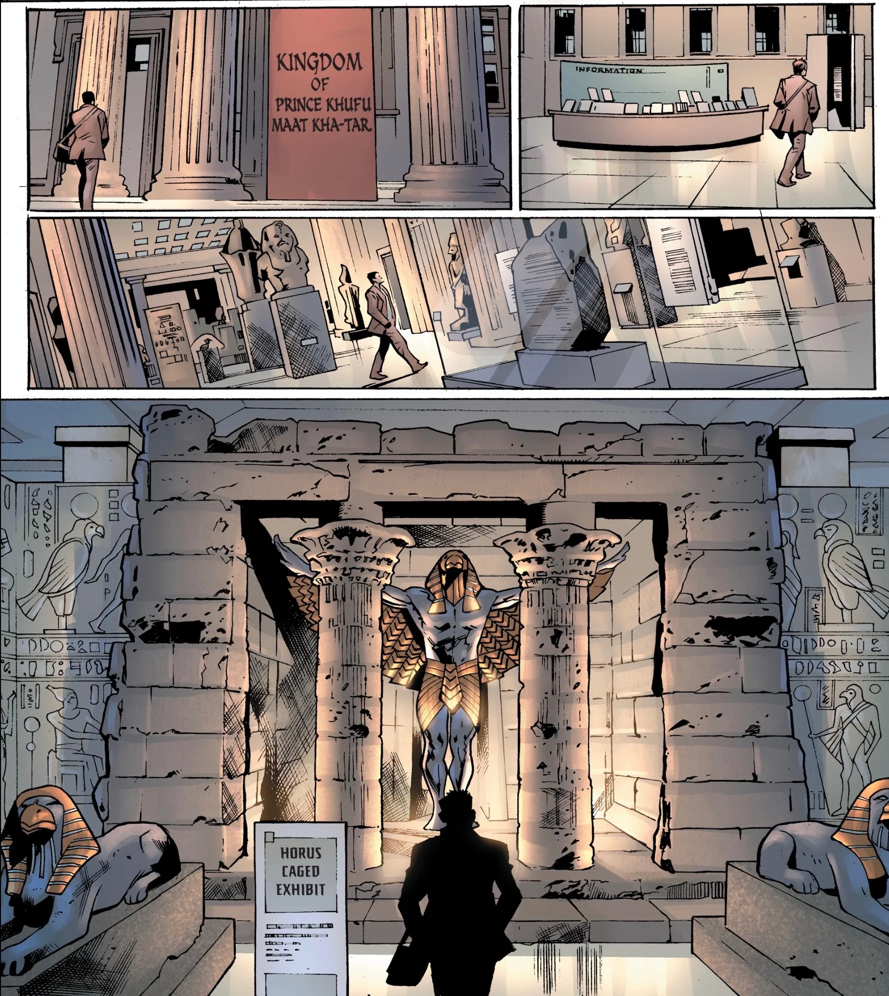 The significant of an epic quest can sometimes get lost if there's nothing present to ground a character, which Venditti and Hitch do well in this museum scene from Hawkman #2.