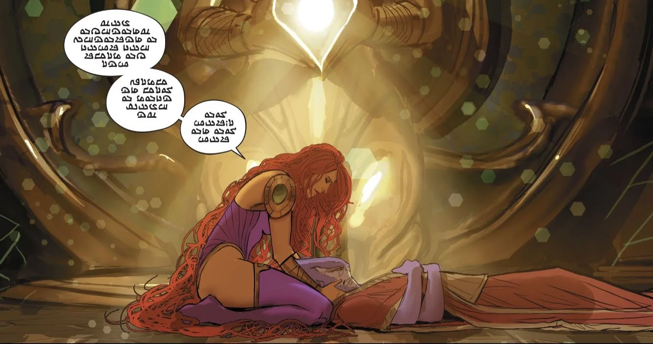 Starfire is also fluent in the language of IMPOSSIBLY LUSCIOUS hair. (Art by Stjepan Sejic.)