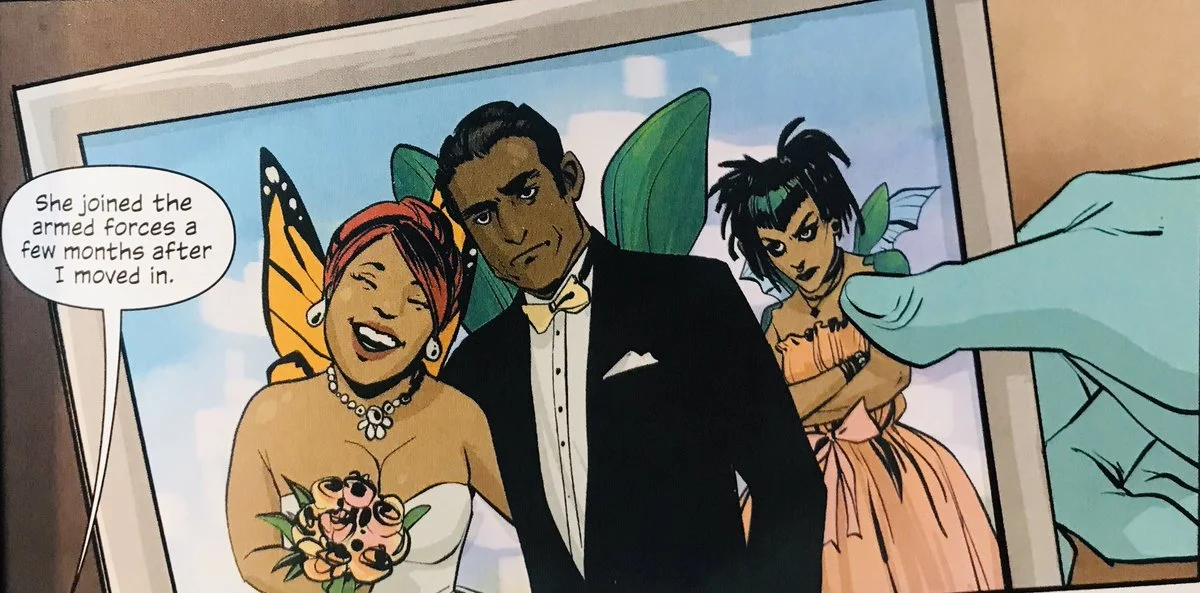 From Alana’s goth haircut to the non-plussed look on her father’s newly-wedded face, this one panel reveals so much about her background and character.