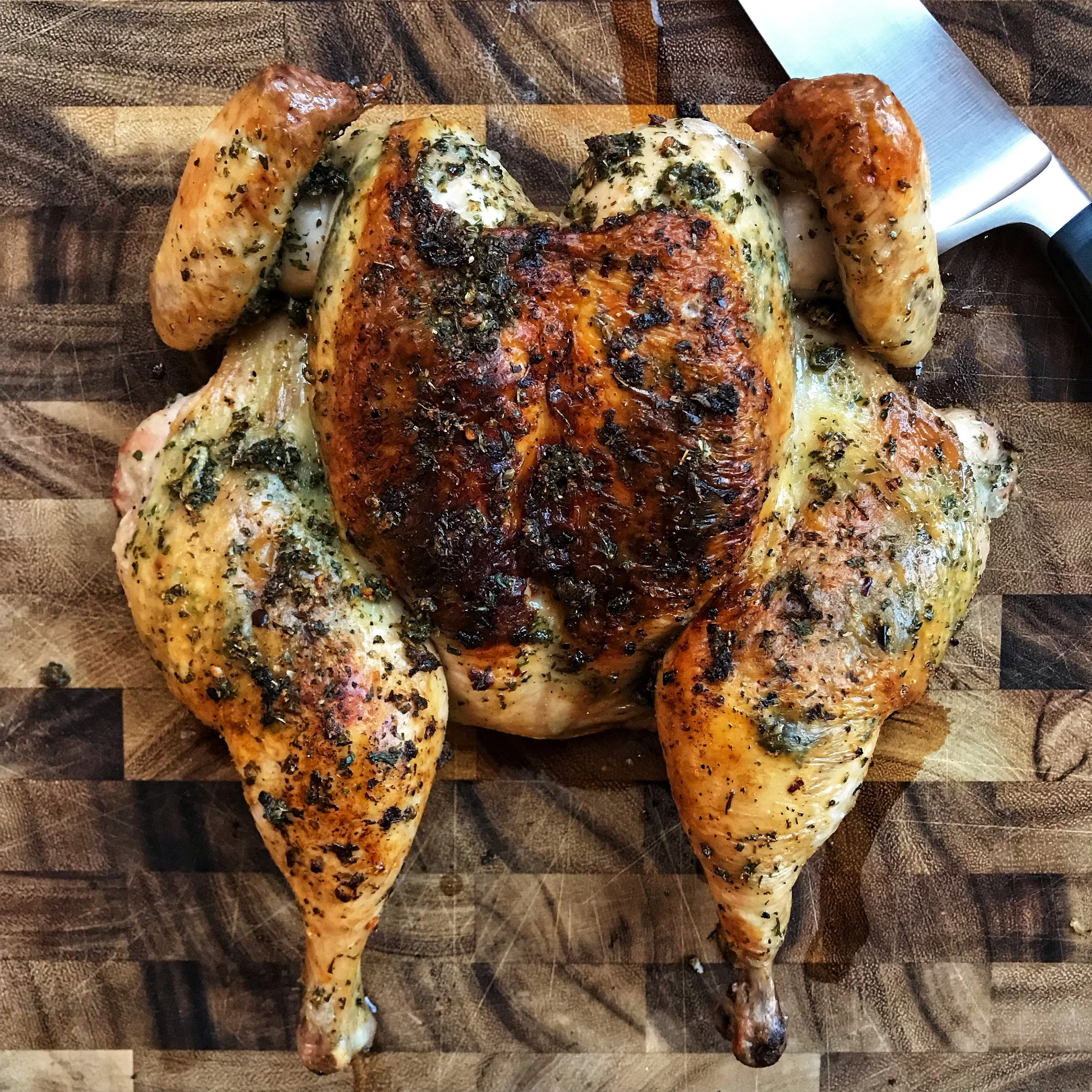 ROASTED SPATCHCOCK CHICKEN WITH ROOT VEGETABLES & GREENS (serves 4-6)