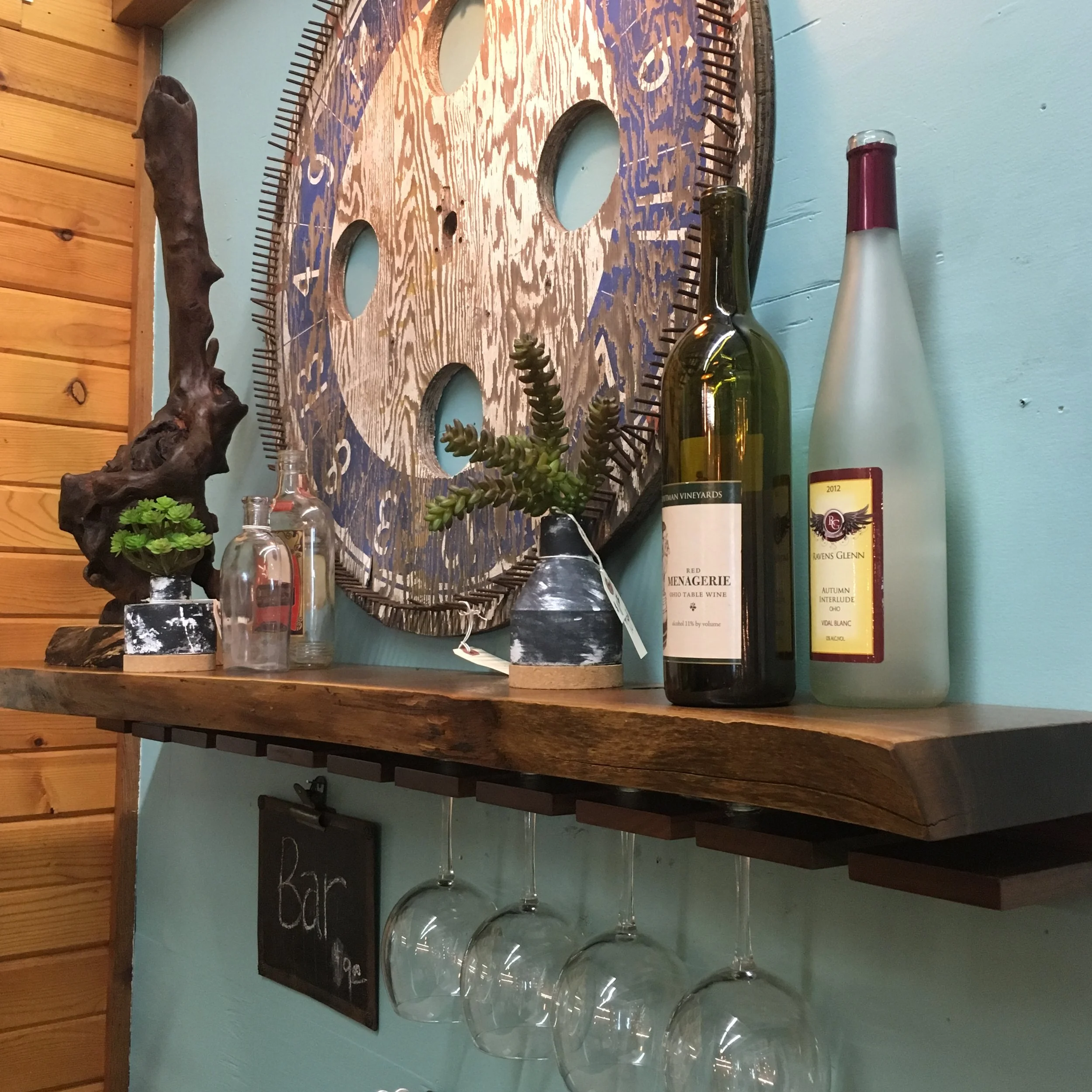 walnut live edge wine shelf