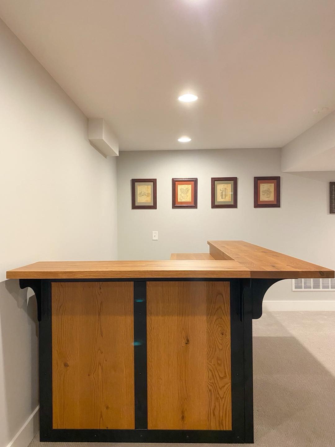 oak and steel bar counter - side view