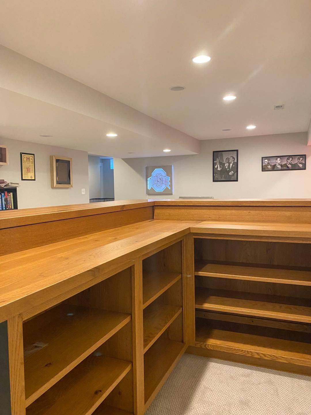 oak and steel bar counter - shelving