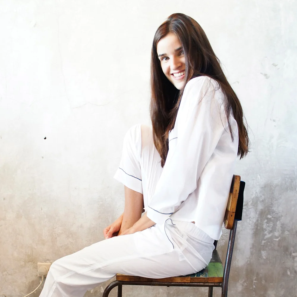 Long-Sleeve White Cotton Pajama Set 