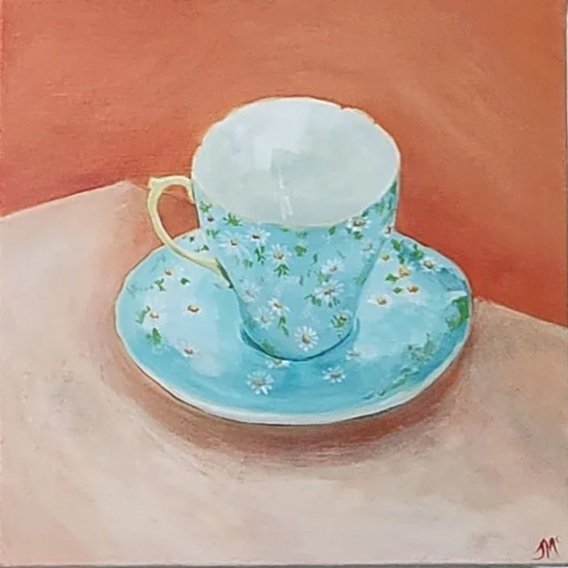 small still life acrylic painting blue cup and saucer on orange background