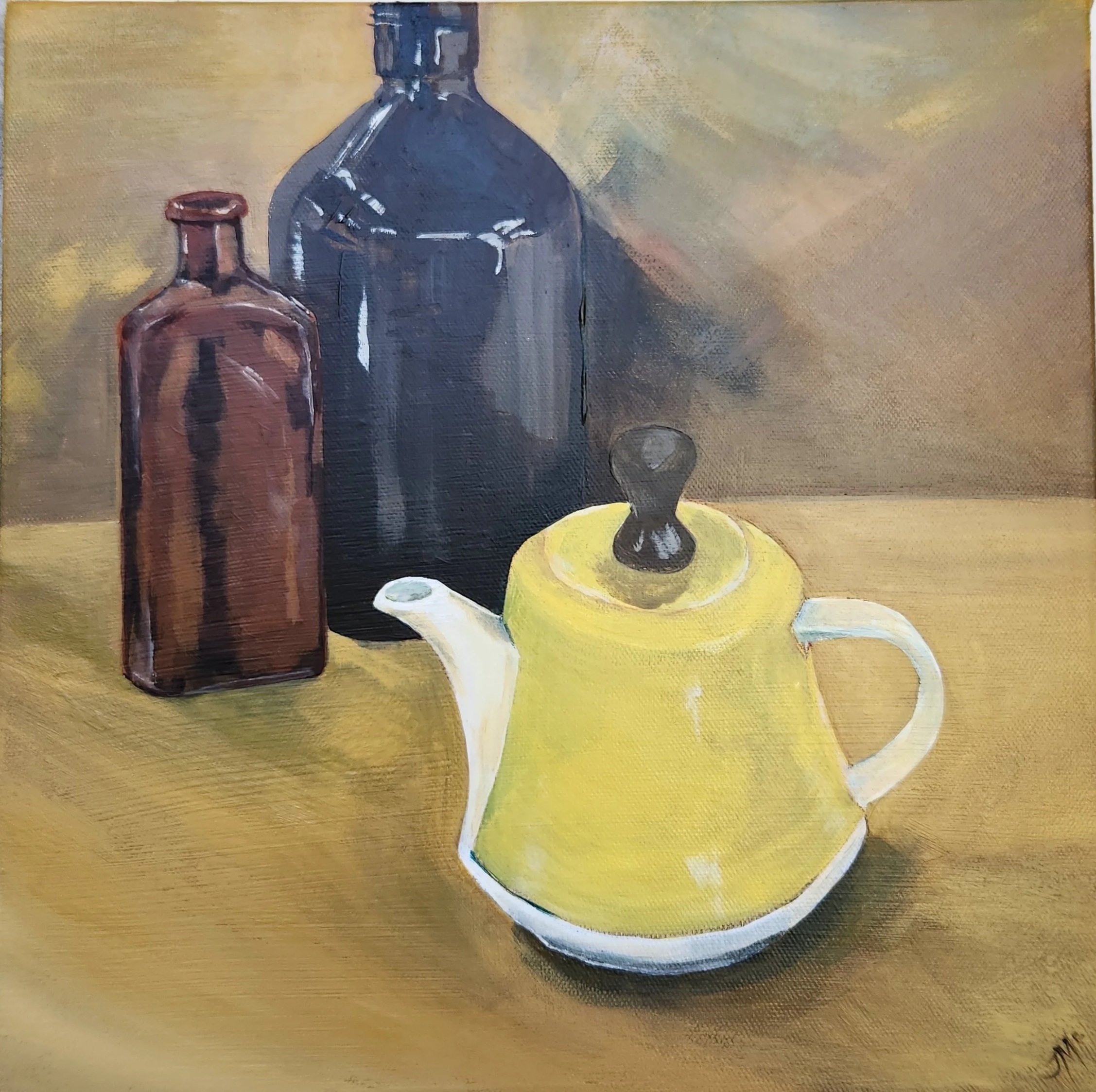 Vintage teapot with 2 old brown bottles on earth coloured background. Small still life painting