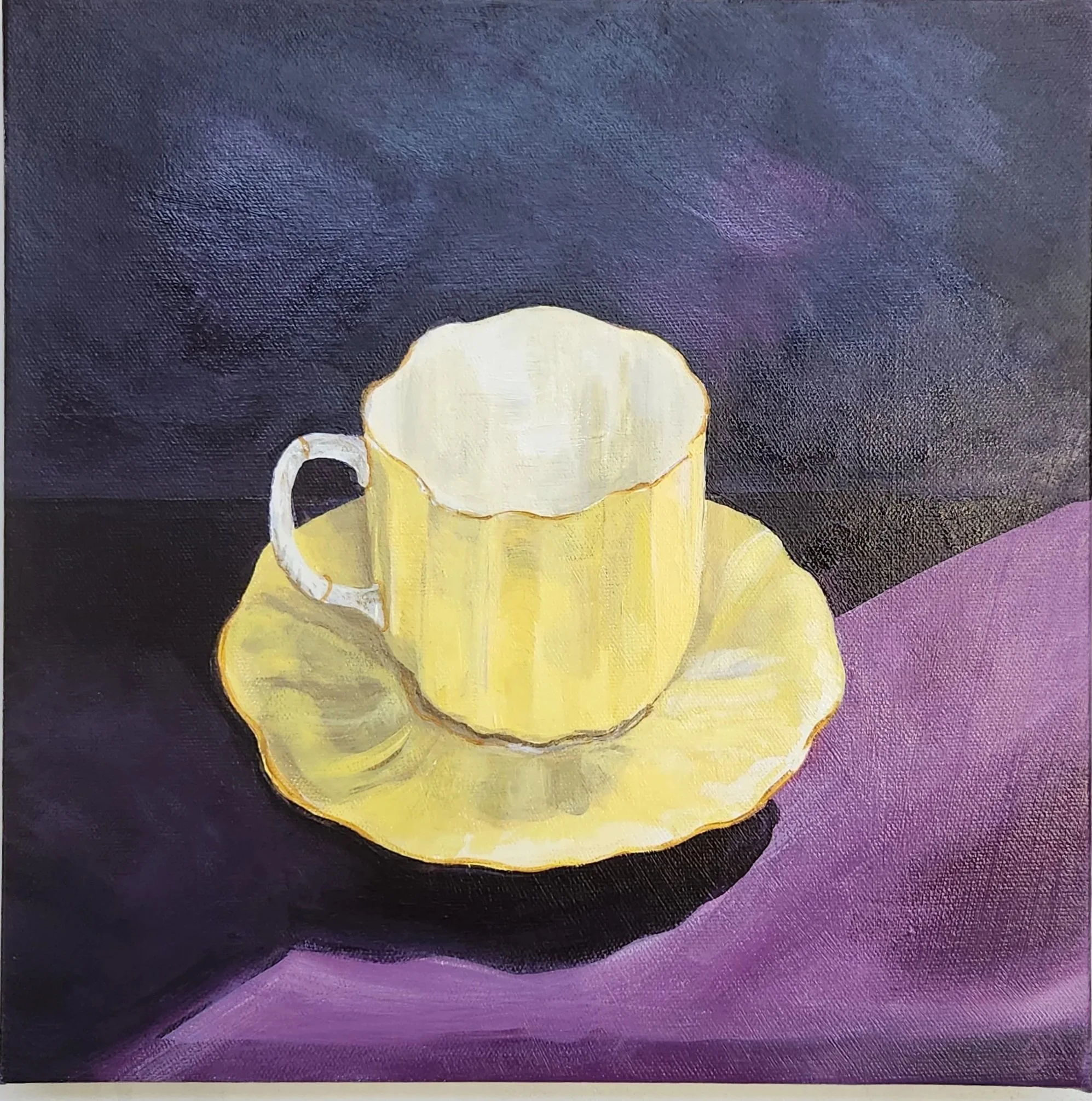 small still life painting of cup and saucer