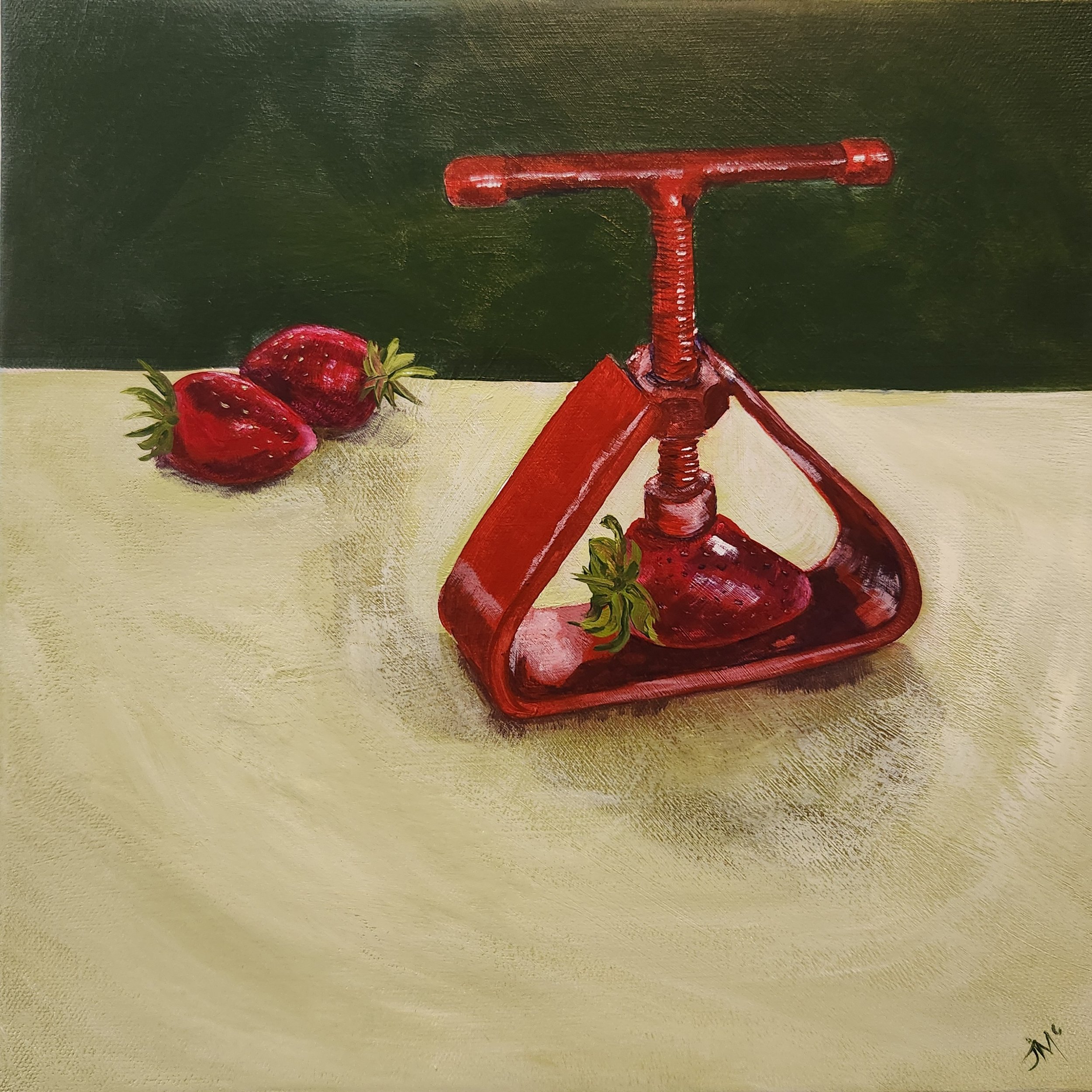 small still life acrylic painting with red and green colour scheme