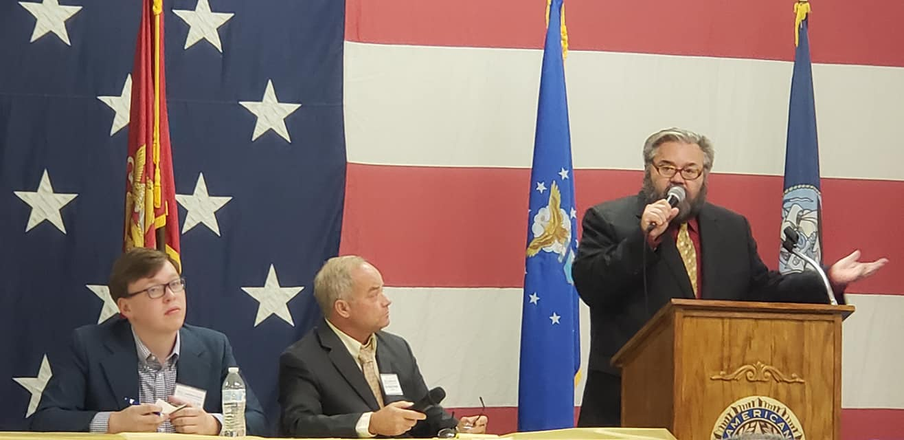 Kerry McKennon (RIGHT) speaks during the Amarillo Pioneer Candidate Forum on Thursday, October 4, 2018 as moderators Thomas Warren (LEFT) and Michael Green (CENTER) look on. Photo by Tamara Warren