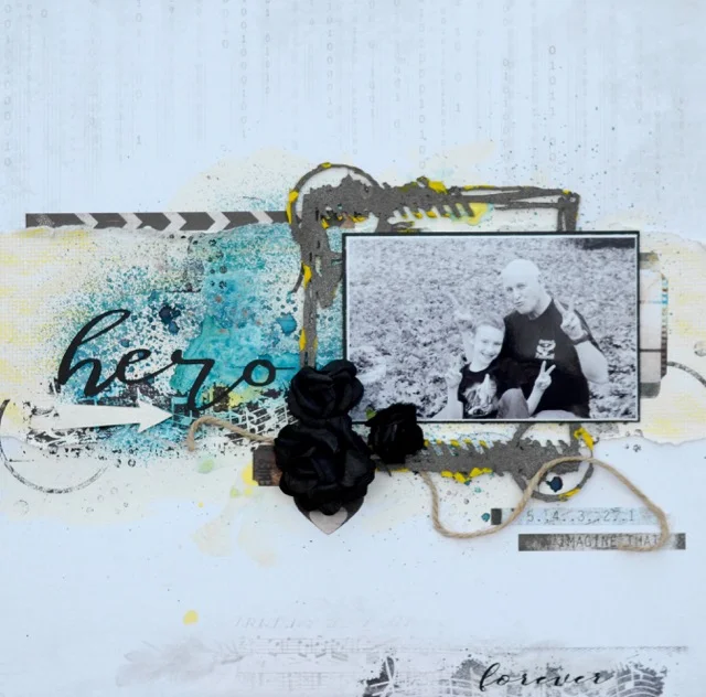 I have only dabbled in mixed media. This layout reflects a couple hours of watching YouTube videos and playing with the supplies from the kit.