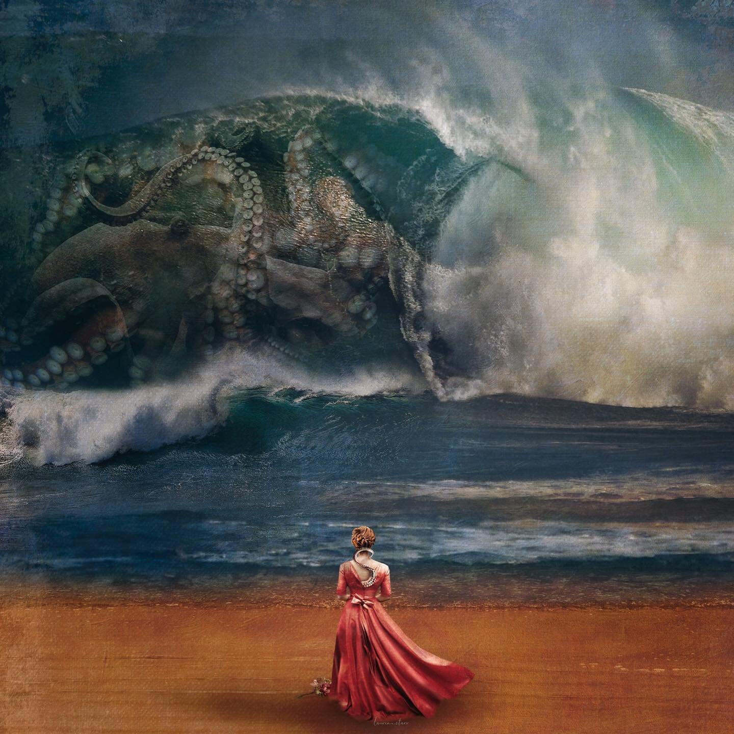 &lsquo;The Kraken&rsquo;s Wife&rsquo;
She stared at the ocean in front of her. Having lived amongst the villagers for so long she had forgotten who she was and where she had come from. Finally she heard the call and came to the shore where her true n