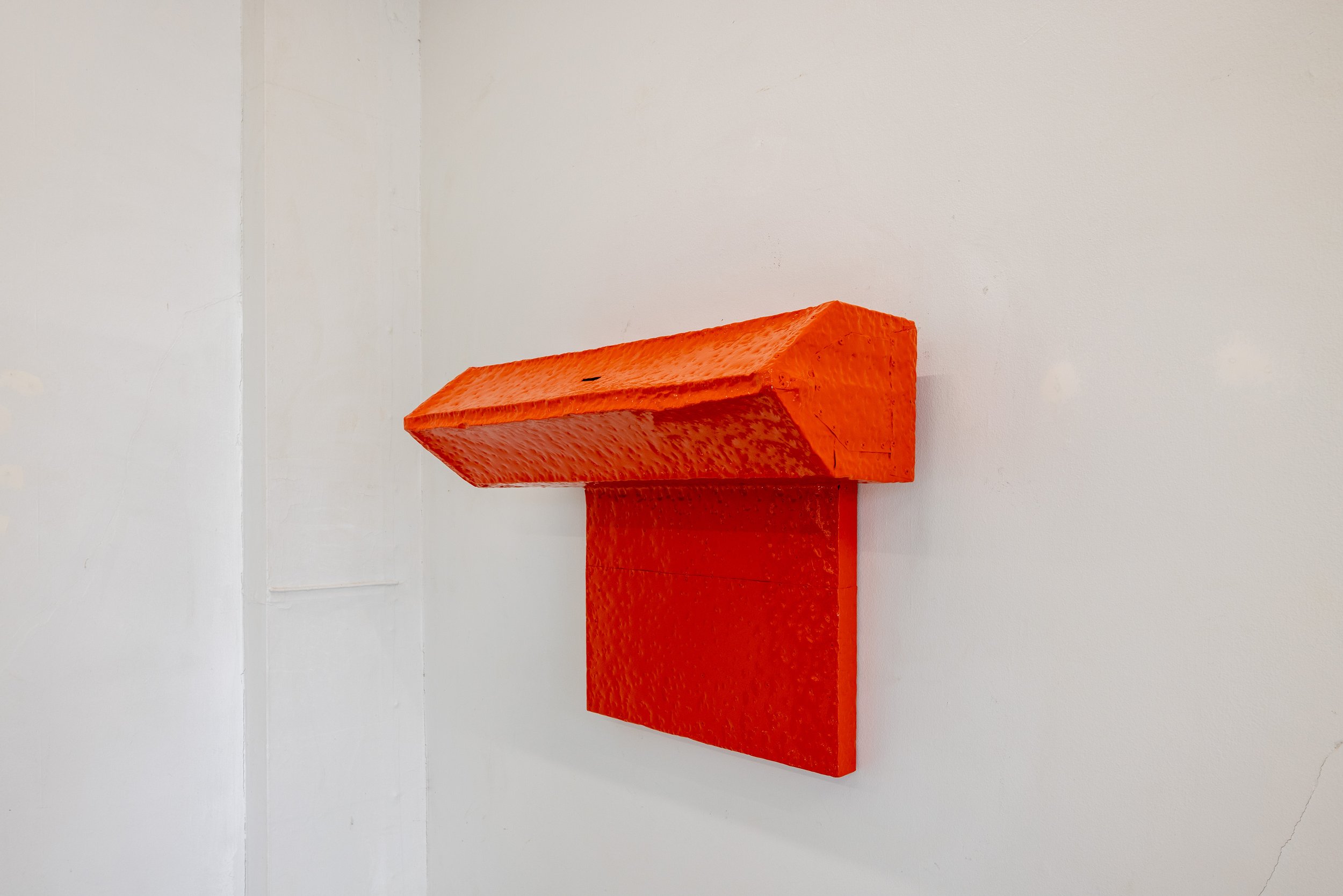 Orange Tollbox, 2020, Aluminium, enamel, screws, wooden toolbox, wood panel, 28 x 26 x 15 inches