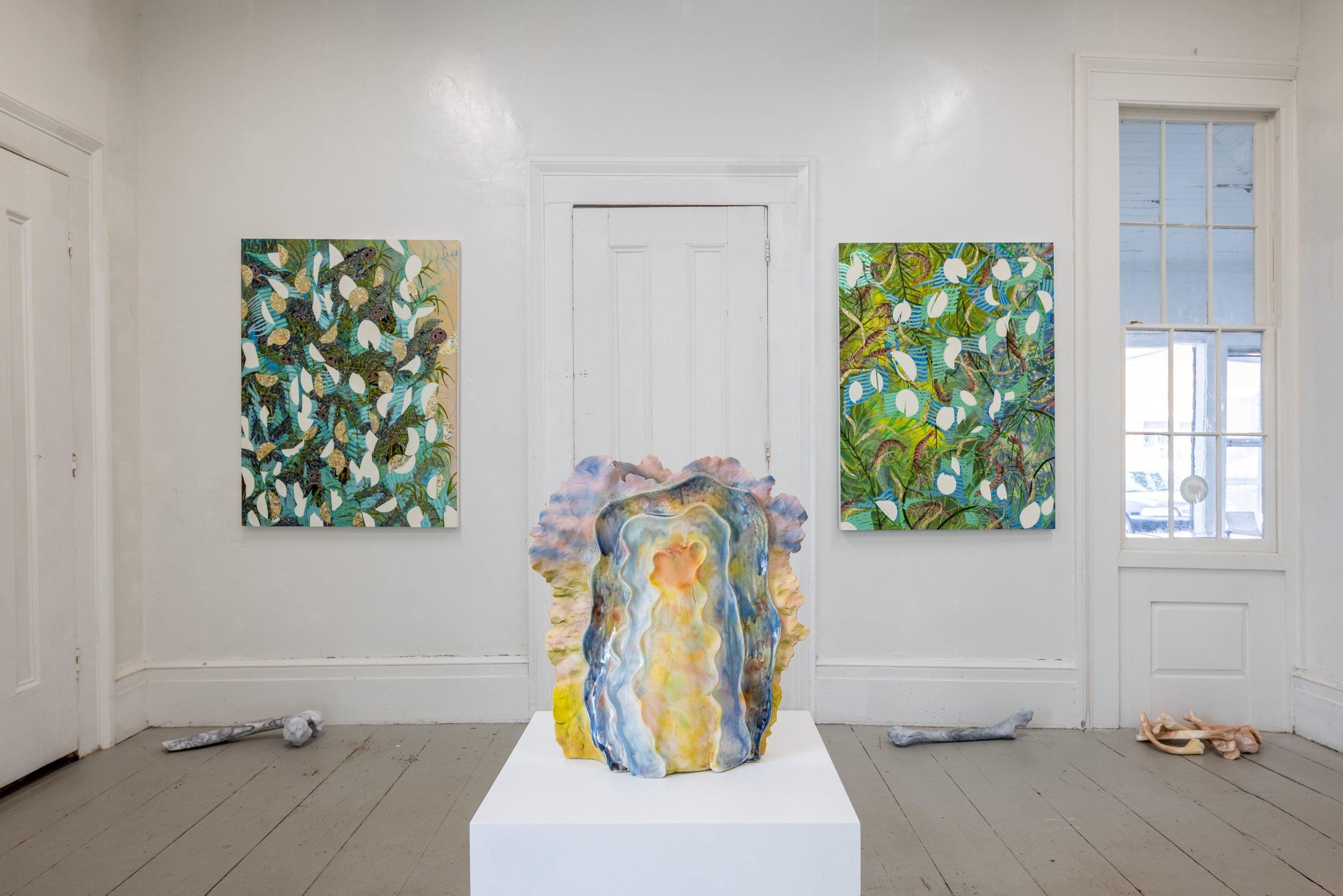 (center) Christina Bolt, Source Energy Vessel, 2020, Glazed porcelain, 17 x 17 x 6.5 inches