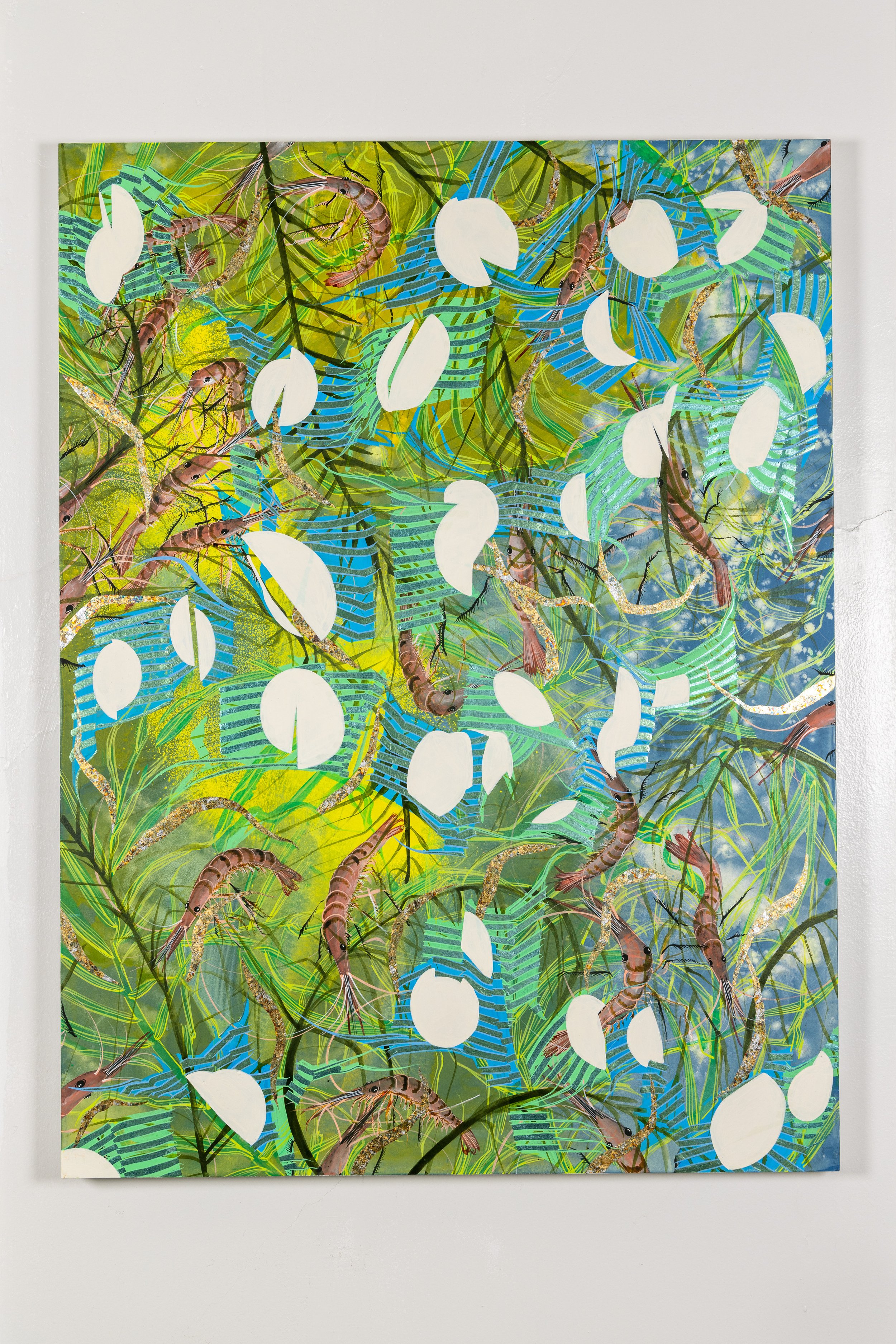 Tammy Nguyen, Seasons of Revolution I, 2021,Watercolor, vinyl paint, pastel, and metal leaf on paper stretched over wood panel 48 x 36 inches