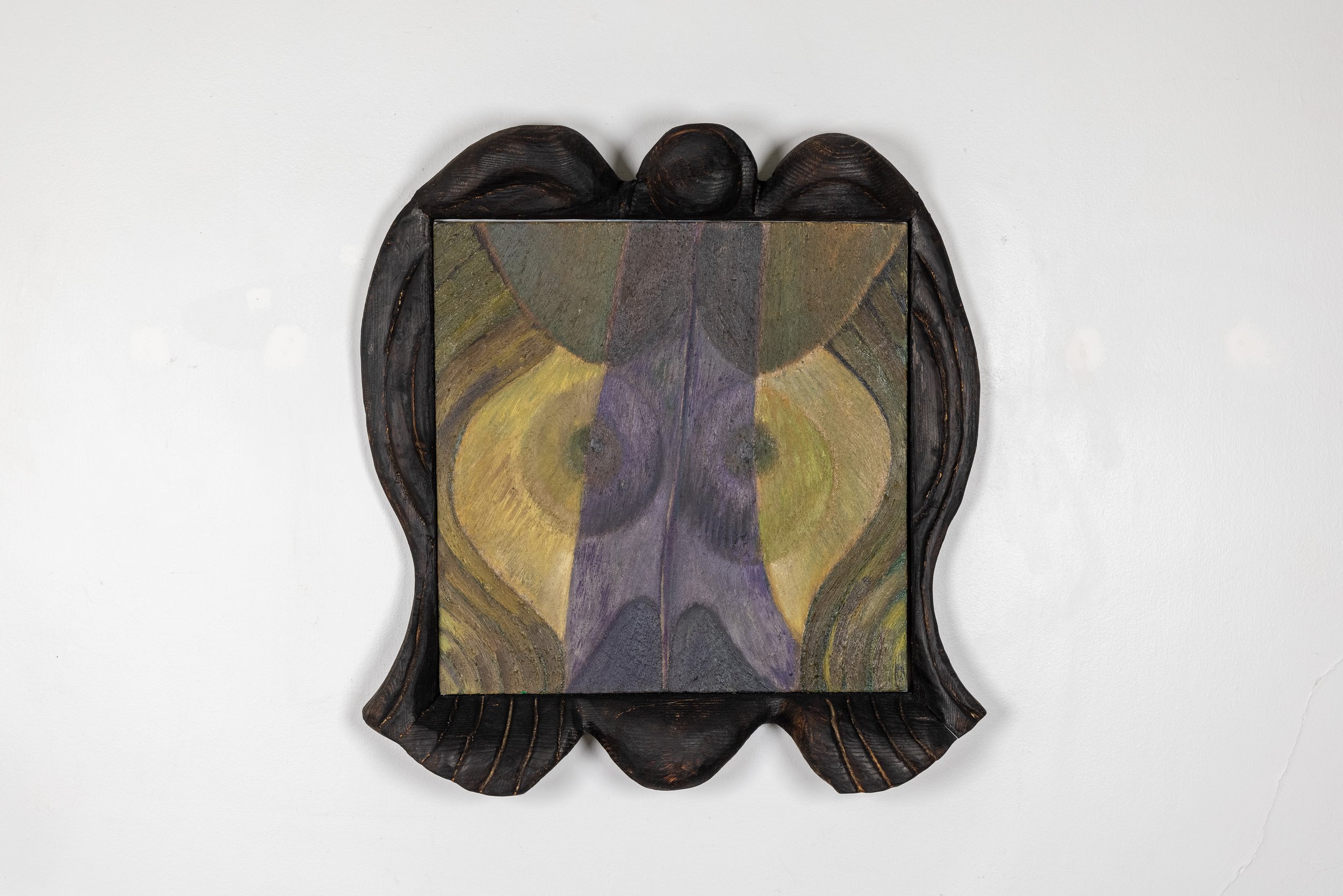 Siren, 2021, oil on canvas in charred custom wood frame, 29 x 27 x 4 inches